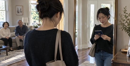 Young Asian woman checking passport reflected in mirror with senior parents in background