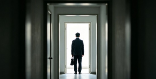 Businessman facing bright open door in corridor