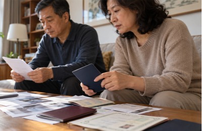 Middle-aged Asian couple sitting on sofa reviewing documents and passports at home, preparing for immigration and overseas travel application