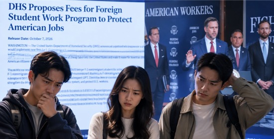 Three concerned Asian international students reading DHS announcement about proposed fees for F-1 foreign student work program, background screen shows US government press conference about protecting American jobs